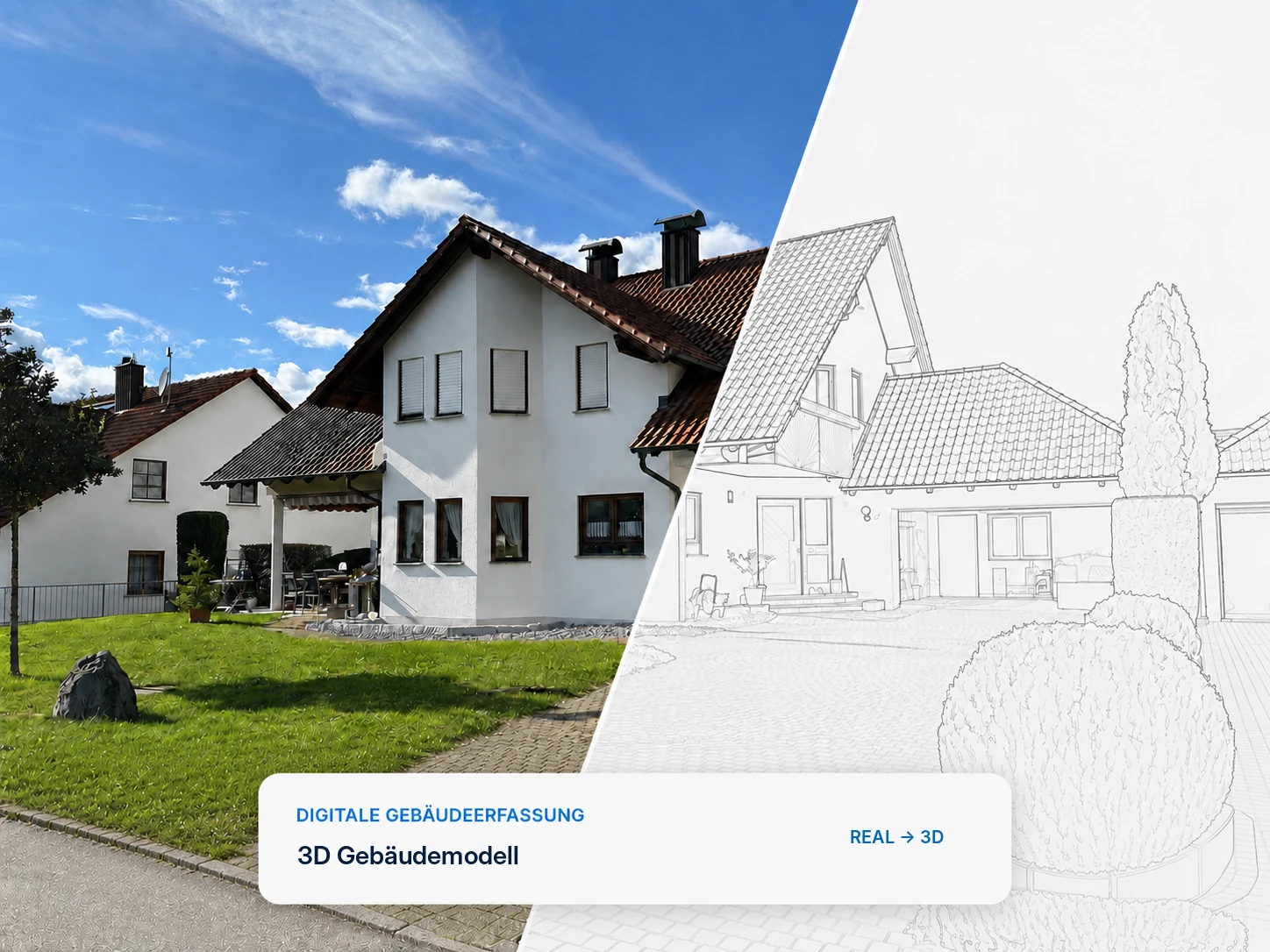 TALUS digitale Gebäudeerfassung: reales Einfamilienhaus und 3D-Gebäudemodell